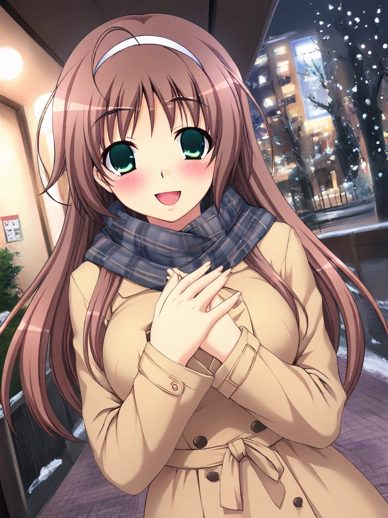 masterpiece, best quality, MomoseAyumu, 1girl, solo, long hair, brown hair, green eyes, large breasts, hairband, ahoge, smile, happy, blush, Trench Coat and Scarf, Cute and warm clothes, cold winter night, cinematic angle,