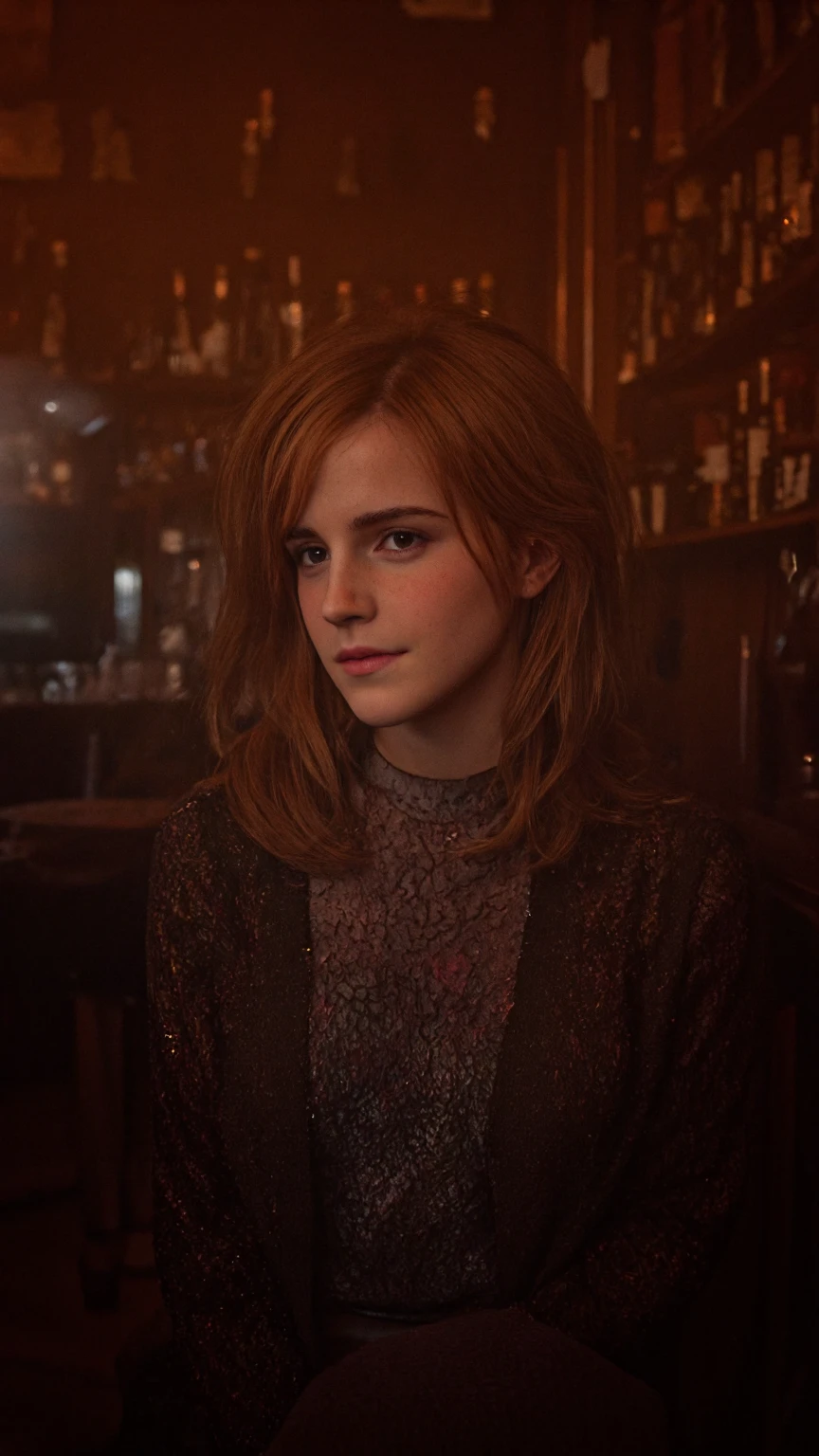 Beautiful emma watson British woman in a pub, velvia, shot on 65mm, 16 megapixels, 8k, photorealistic, amazing depth, glowing rich colors, powerful imagery, psychedelic overtones, 3 d finalrender, hyper realistic, 3 d shading, cinematic lighting, artstation concept art