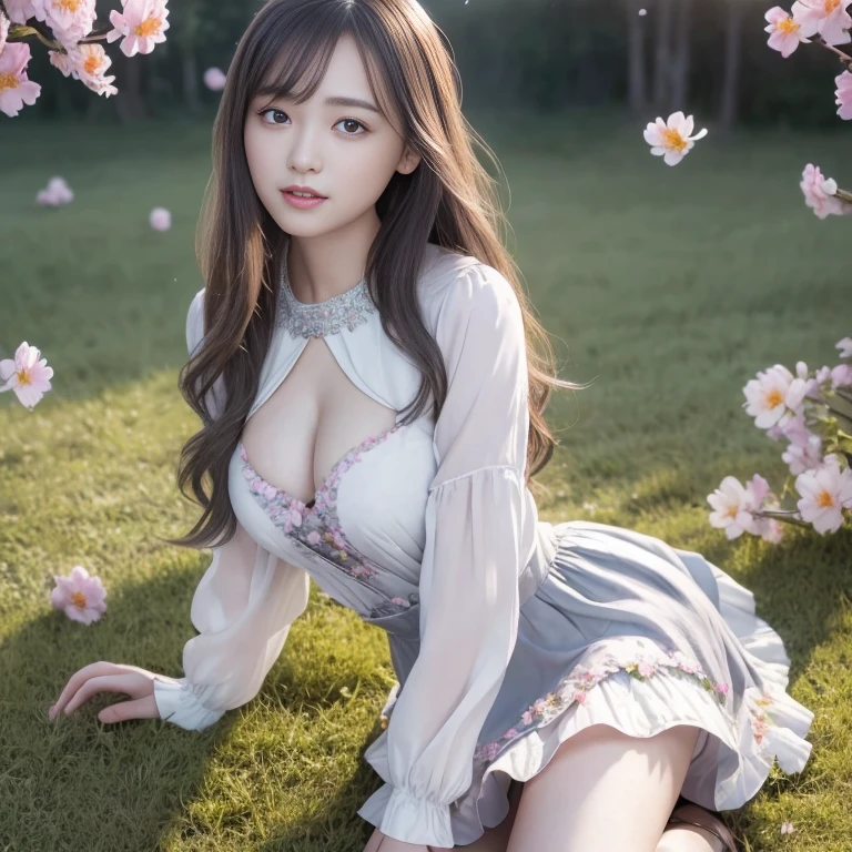 ( highest quality、8K、masterpiece、realistic:1.3 )、 1 woman、( A garden with a classical and prestigious castle in the background )、( Very high quality deep background : 1.2)、nature bright sunlight、blue sky、smile、brown hair、hair blowing in the wind、beautiful woman with perfect figure: 1.4、Highly detailed face and skin texture、detailed eyes、double eyelid、very far away : 1.2 、whole body : 1.2、white and black maid、White maid headband、ruffle blouse、mini skirt、ribbon tie、apron、high heels 、( crawl on all fours: 1.5 )、Show off your cleavage。big breasts。