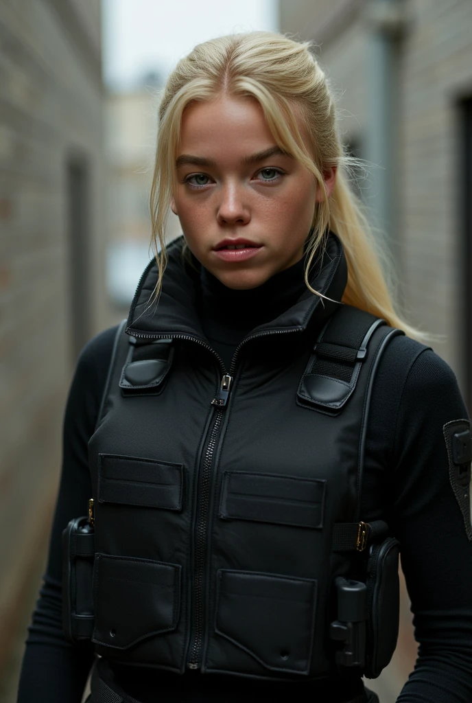 Milly alcock, blonde ponytail, black wool zip-up pullover, bulletproof plate carrier vest, fingerless gloves