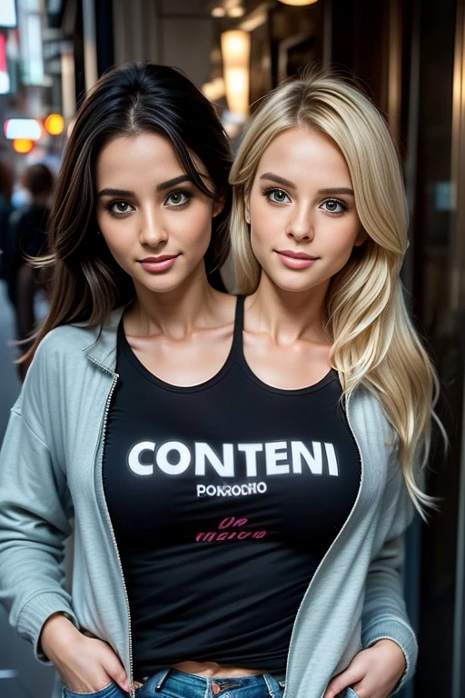 Ultra HD resolution,artistic photos,Professional Candid Photography,((two very fair and sexy twin European girls smiling at viewer, earrings, long brunette and blonde hair , perfect face, both have cold white ultra realistic skin, both wearing very sexy black bedazzled formfitting short dress with trench coat, ,)), exposed cleavage and navel, both have perfect hourglass figures, both posing seductively like erotic models, on the streets of Kyiv, smiling at viewer, natural red lips, attention to detail, captivating eyes
