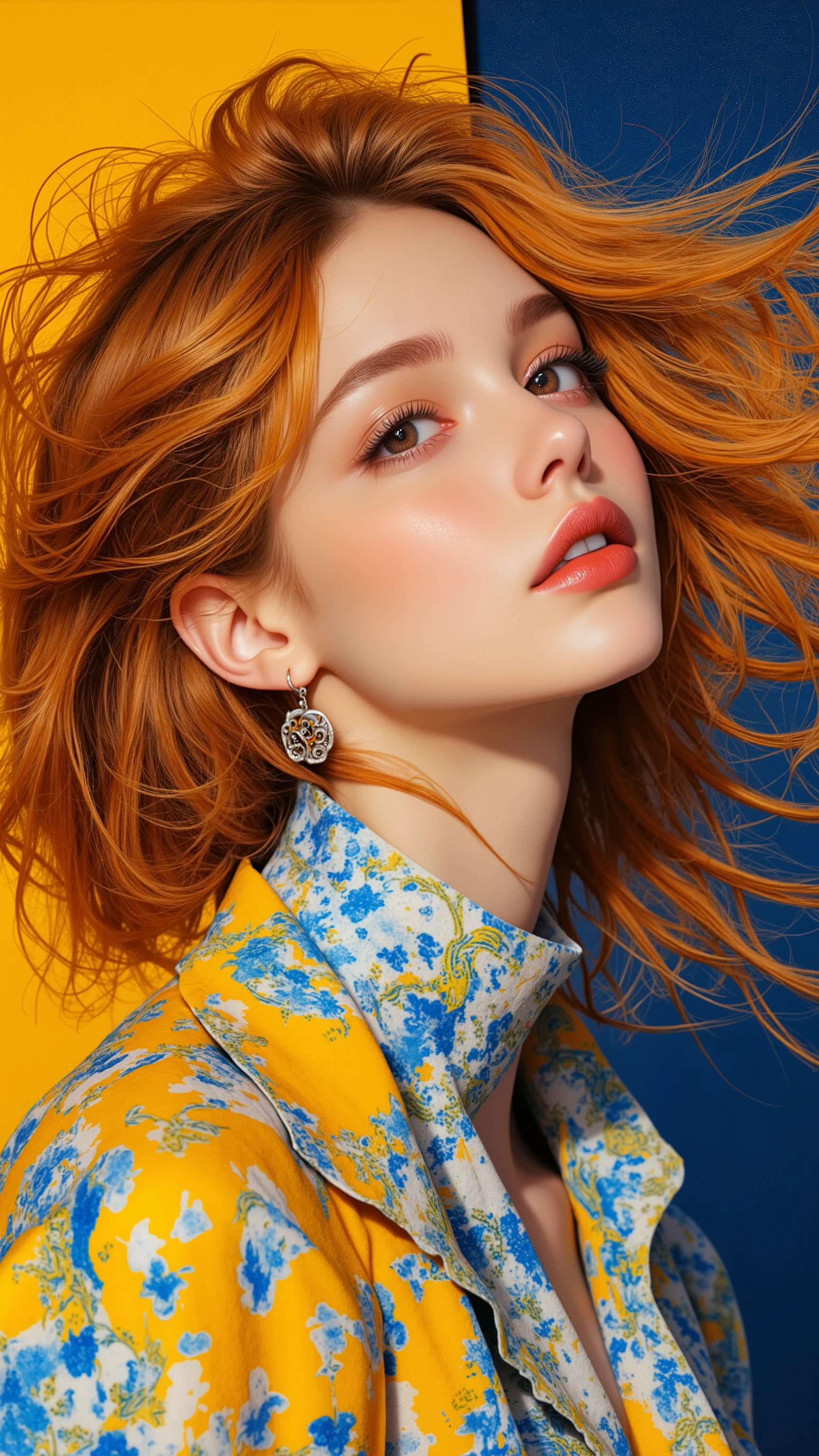 fashion style of Vincent van Gogh, contemporary, sophisticated, striking, artistic, a supermodel, beautiful face and eyes,  detailed long hair, wind, floating hair, small face, perfect anatomy, contemporary, sophisticated, striking, artistic, innovative, aesthetic, futuristic, cutting-edge, elegant, chic, colorful, The composition blends modern and traditional elements with a neo mode, avant-garde style, characterized by elegant lines, vibrant colors, and exquisite details, Forest Lake,  Unseen Narratives,  looking away, The artwork emphasizes subtle colors, clean lines, smooth curves, and sleek contours, with bold outlines and crisp, sharp edges. The overall composition is uncluttered and refined, reflecting a fashion editorial style that is stylish, professional, and elegant, with an emphasis on simplicity and restraint rather than vibrant colors