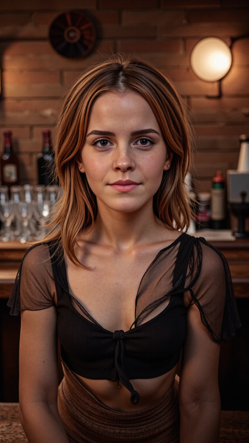 Beautiful emma watson British woman in a pub, velvia, shot on 65mm, 16 megapixels, 8k, photorealistic, amazing depth, glowing rich colors, powerful imagery, psychedelic overtones, 3 d finalrender, hyper realistic, 3 d shading, cinematic lighting, artstation concept art