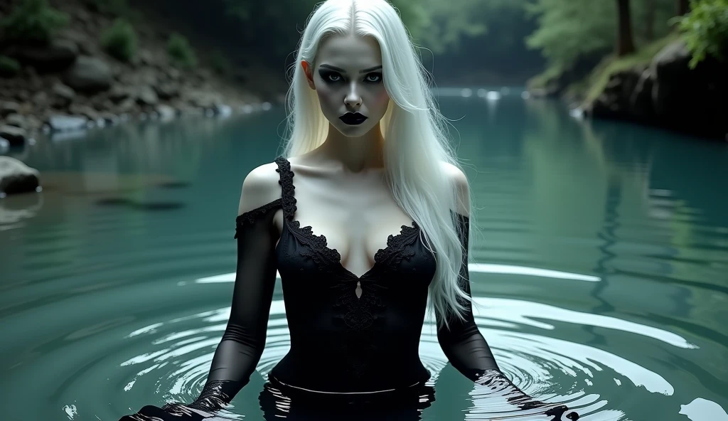 A beautiful woman with pale skin, wet very transparent black dress, long white hair, dramatic eye makeup, dark lips, moody expression, standing in shallow water, rippling water effects, dramatic lighting, dark gothic atmosphere, cinematic composition, photorealistic, highly detailed, masterpiece