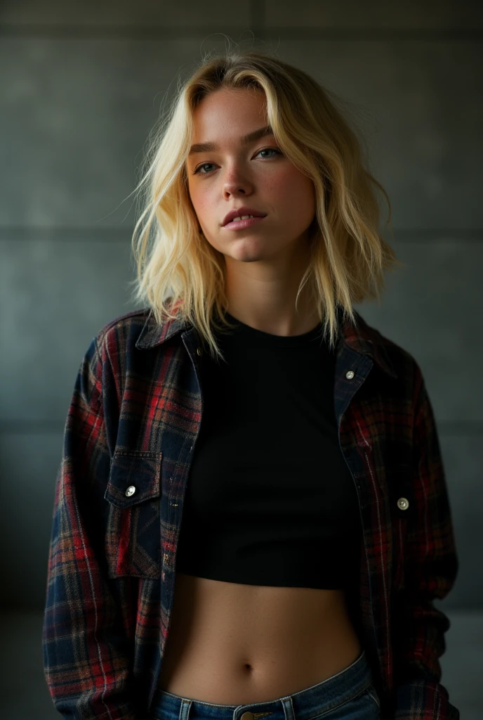 Milly Alcock, blonde hair, flannel jacket, black midriff shirt 