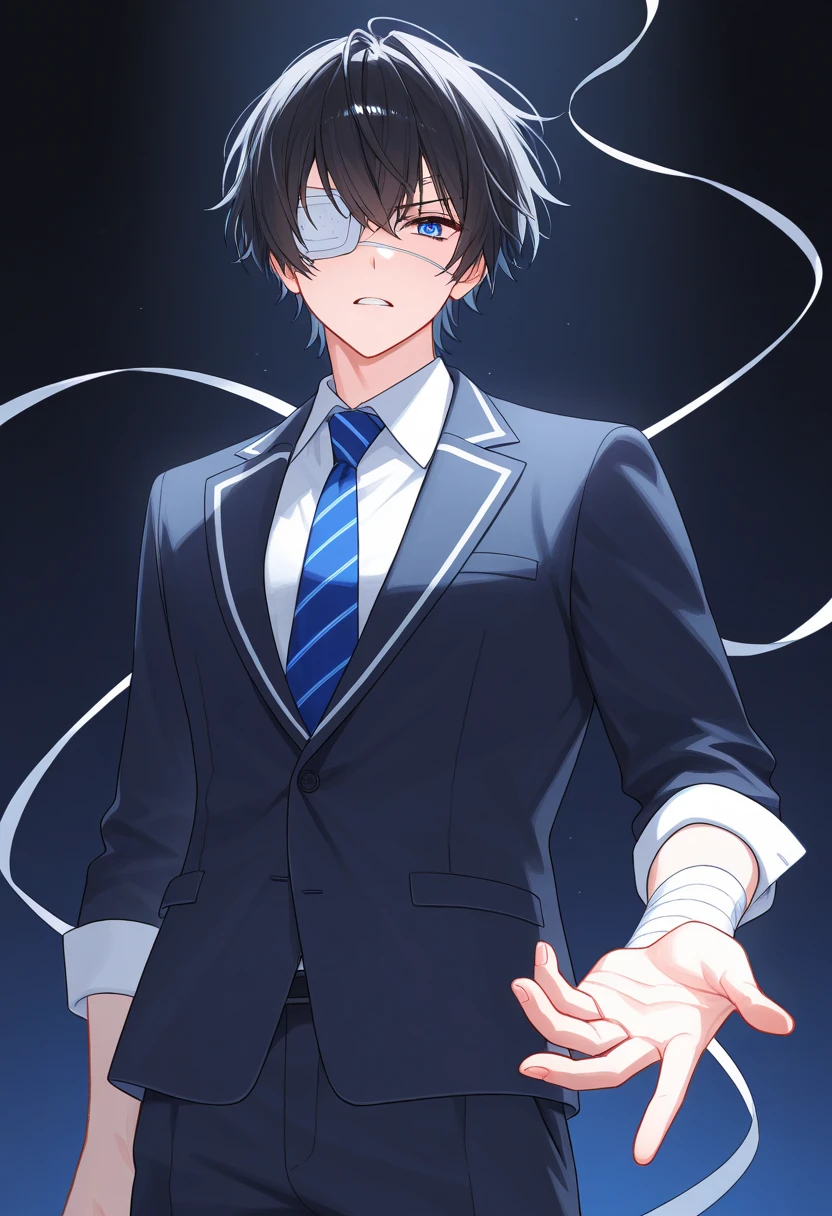 Top quality, super resolution, top quality, delicate, black hair, watery eyes, slender, boy, thick clothes, slender, round outline, well-groomed hair,Thick Coating風、 High Quality 、delicate、Dark Power、 cute 、 cute 男性、 mash hair、Three-dimensional、Thick Coating風の絵柄、 mash hair、Three-dimensional、human-like pattern、 black hair、 round outline、 beautiful short hair、Thick Coating、Three-dimensional、 College Student 、pants、 pretty eyes、 blue eyes、Eye patch on one eye、Bandage on hand、get angry、 blazer、uniform