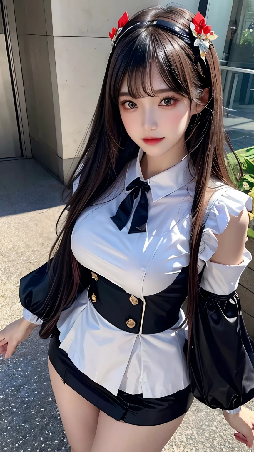 17 years old、Black Hair、ponytail、Big Breasts、White blouse、Black Mini Skirt、My hair is blowing in the wind、An angle that looks up the skirt from below、Smile、School rooftop