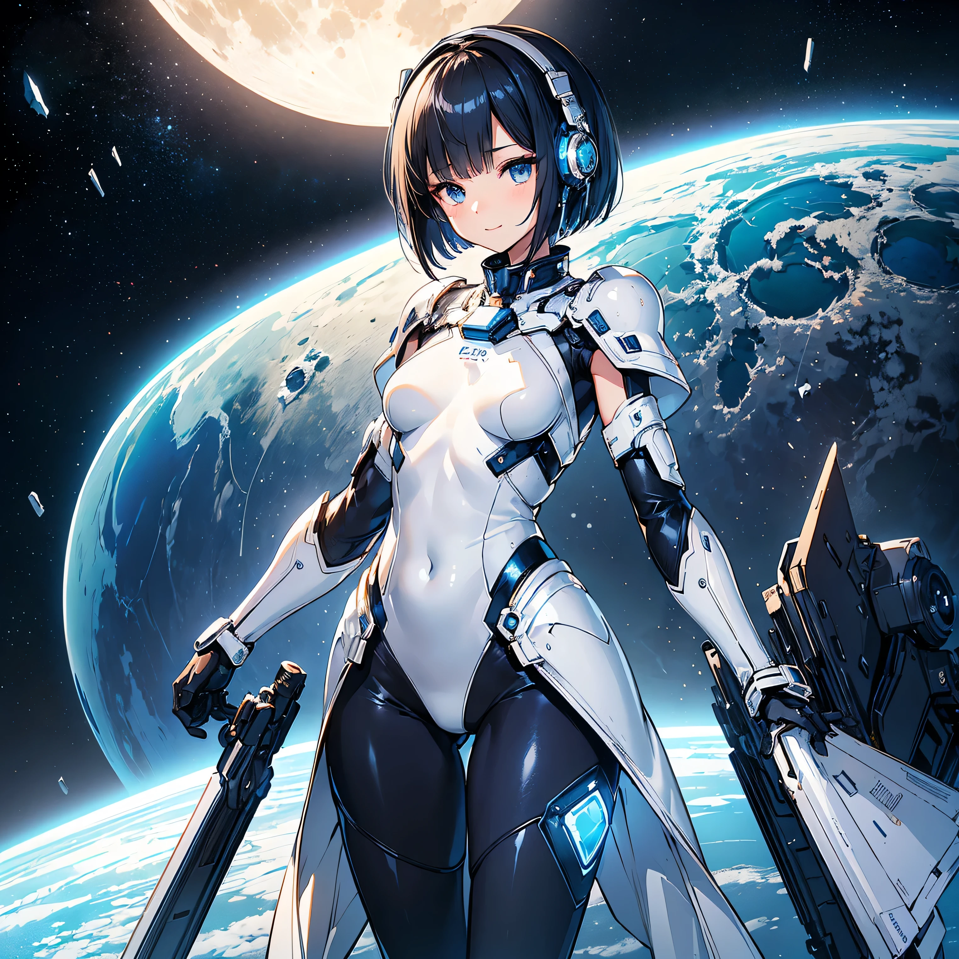 (masterpiece、 top quality 、 Highest Resolution 、 clear_image、 Detailed Details): (Whole body、A 20 year old girl、Japanese Faces、 small face、 slender、 dark blue super short bob cut hair、(Hidden small breasts:1.3)、Sparkling blue eyes 、 white, blue, and black shiny pilot suit、Chest protection armor、Tight fitting clothes、Clothing that covers the whole body、Glamorous clothes、 tight fit pants 、Hide your skin、 very delicate and beautiful 、Detailed Skin、Hide your thighs、Hide your ass、 cute、A gentle smile、Soft expression、heroine、 headset、 long boots、Elbow-length gloves、 eye level shot、Peace talks between warring factions,attention arousal, Clever Blue Eyes,Face directly、 woman on a spaceship )、 background、Moon in the background、shiny pilot suit in white, blue and black colors with galaxy clouds on the background 、Meteor Shower、Meteor Shower、Saturn、Neptune、comet