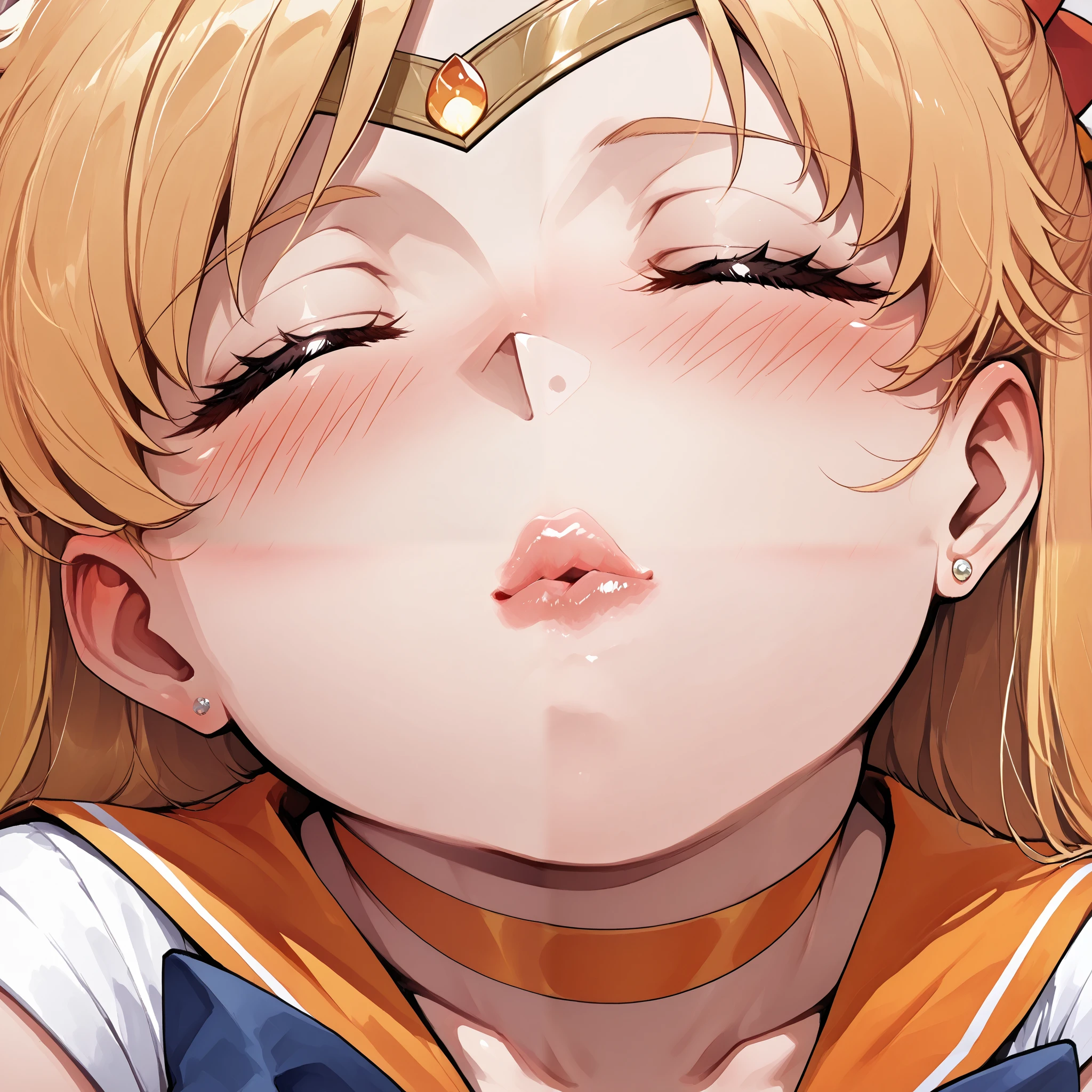 (masterpiece, best quality, high resolution, 8k) , from slightly below, (Sailor Venus), close up eyes, (((((kissing to viewer))))), (((blush))), closed eyes, ((plump lip))