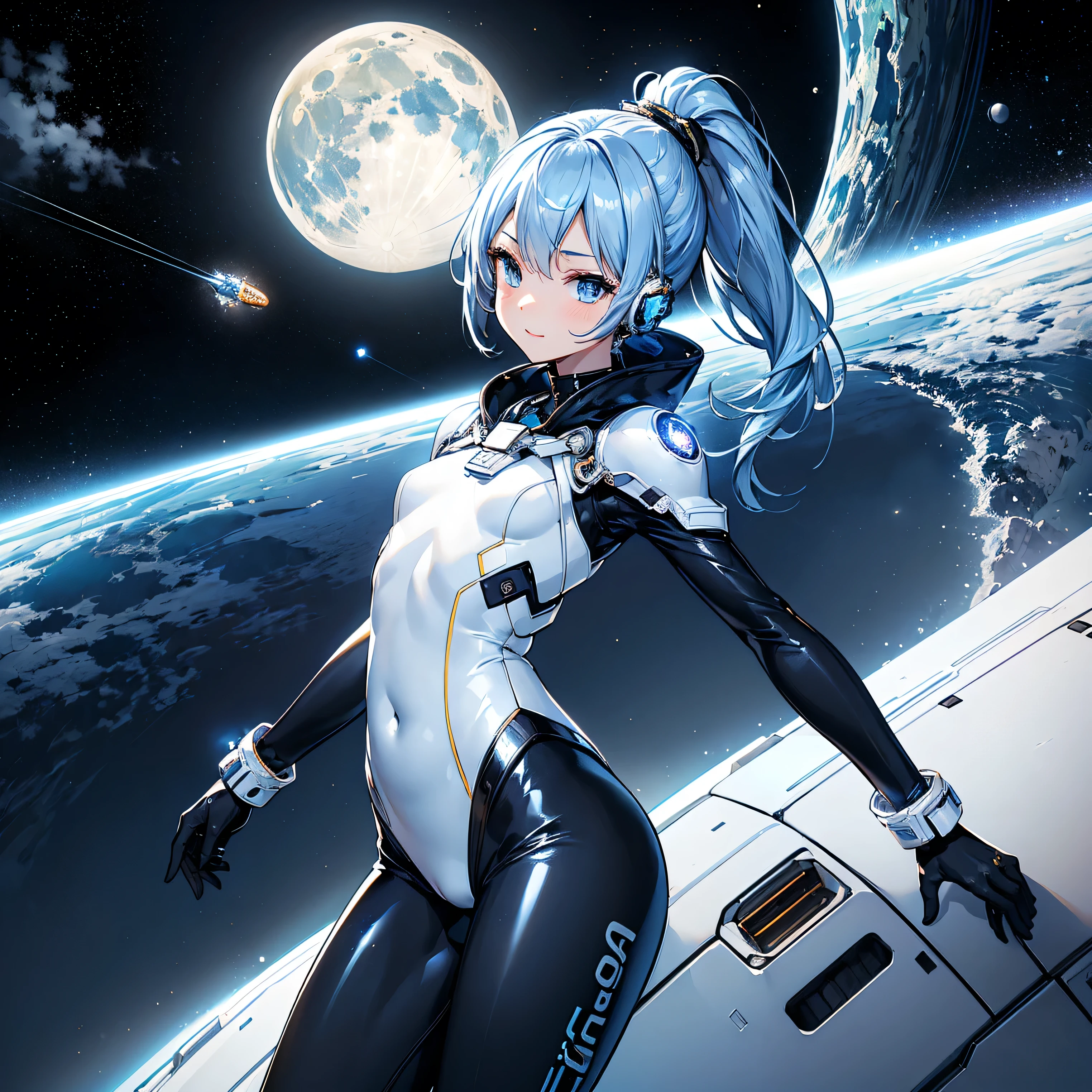 (masterpiece、 top quality 、 Highest Resolution 、 clear_image、 Detailed Details): (Whole body、A 20 year old girl、Japanese Faces、 small face、 slender、Navy blue high knot ponytail、、(Hidden small breasts:1.3)、Sparkling blue eyes 、 white, blue, and black shiny pilot suit、Chest protection armor、Tight fitting clothes、Clothing that covers the whole body、Glamorous clothes、 tight fit pants 、Hide your skin、 very delicate and beautiful 、Detailed Skin、Hide your thighs、Hide your ass、 cute、A gentle smile、Soft expression、heroine、 headset、 long boots、Elbow-length gloves、 eye level shot、Peace talks between warring factions,attention arousal, Clever Blue Eyes,Face directly、 woman on a spaceship )、 background、Moon in the background、shiny pilot suit in white, blue and black colors with galaxy clouds on the background 、Meteor Shower、Meteor Shower、Saturn、Neptune、comet