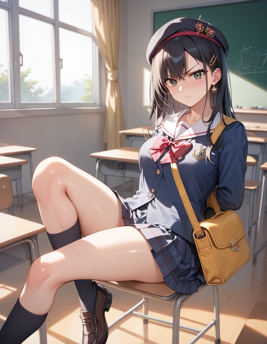 score_9, score_8_ up, score_7_ up, Source_Anime,  high resolution picture ,masterpiece, top quality , girl , girl 1人,Angry face, clean skin, shiny hair, super detailed eyes, Five fingers, Reshape your fingers, Trim your fingertips,  women's clothing,  school uniform, shoulder bag, beret,  black knee-high socks up to the knee, classroom, Arms tied, Ejaculate all over your body 