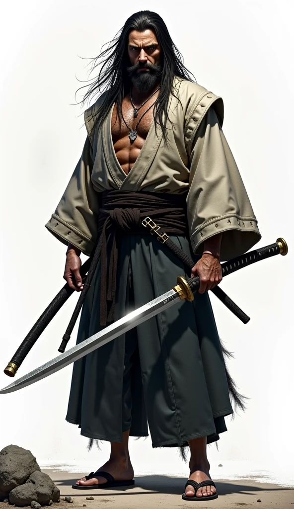 Create an 3D image of a stylized character with long white hair and intricate tattoos. The character should have a modern samurai or warrior aesthetic, wearing a black robe with the text 'TGANG DOPEY' and some kanji characters on it. They should be carrying two traditional Japanese swords (katanas) on their back. The background should feature a traditional Japanese setting, such as a dojo or a room with wooden elements. The character's expression should be serious and focused, embodying both strength and tranquility.