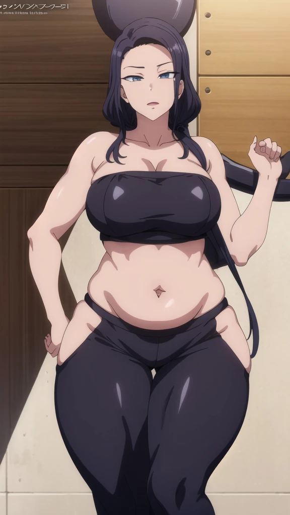 a drawing of a woman in a bikini, muscular girl, muscular character, sci-fi, feminine and muscular, makoto, white, fubuki, fubuki, moko kuroki, watamote, (thin waist), ((curvy)), ((wide hips)), big long black hair, sexy, muscular thighs