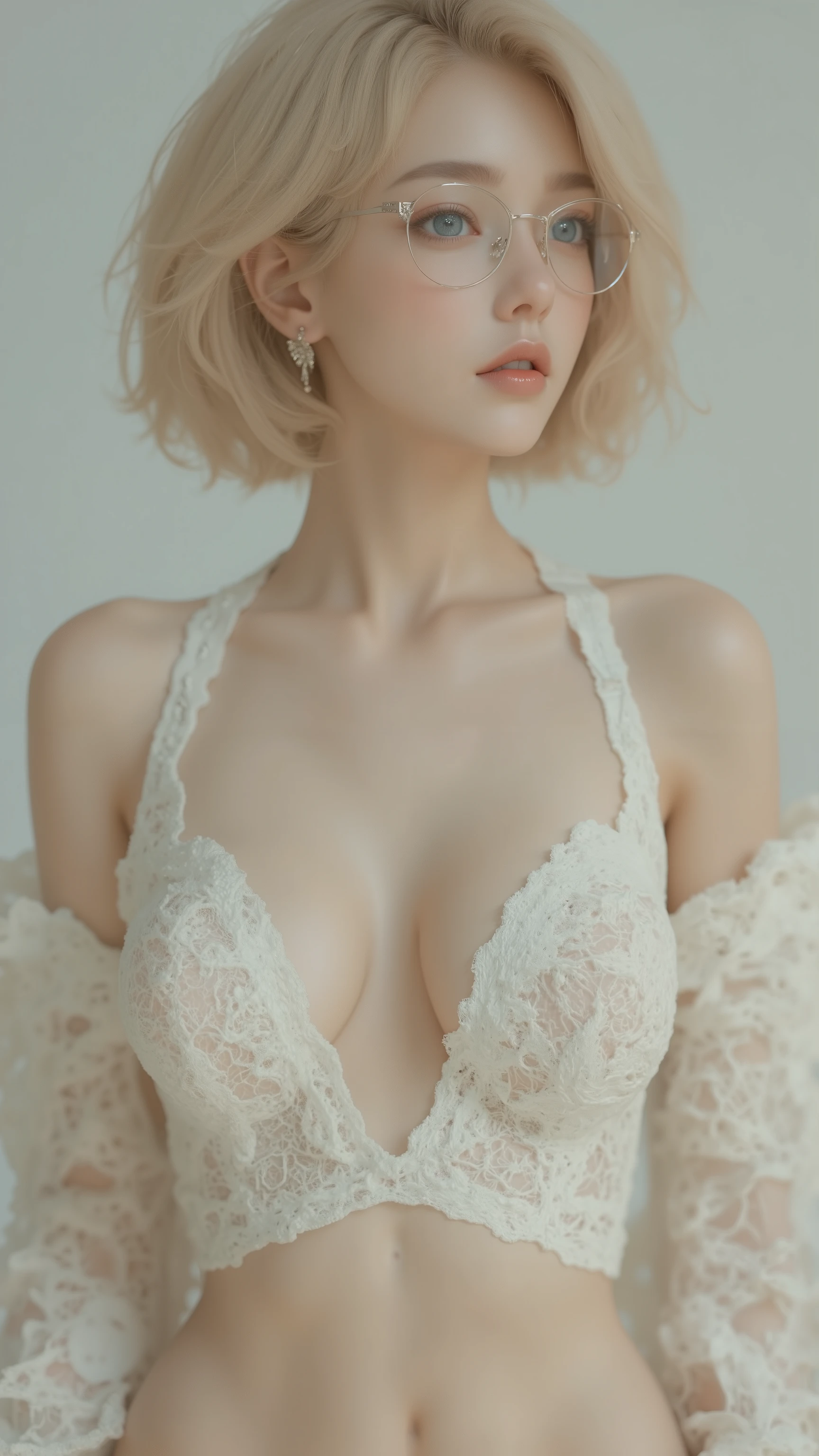 an androgynous person, with honey blonde hair, She wears glasses and her clothing style is low-cut and short but tender clothes with pale skin like a porcelain doll and blue eyes. a porcelain doll