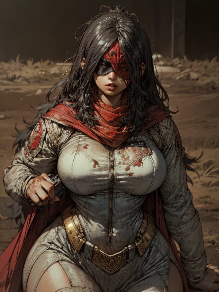 skinny woman,  thick lips painted red ,  wearing torn black cape , eye patch,  wearing futuristic gold metallic armor,  red skull scarf ,  posing with science-fiction rifle ,  All over the floor{ x} very long black hair , Windy desert background  ,  ultra definition ,  focus on the entire body .