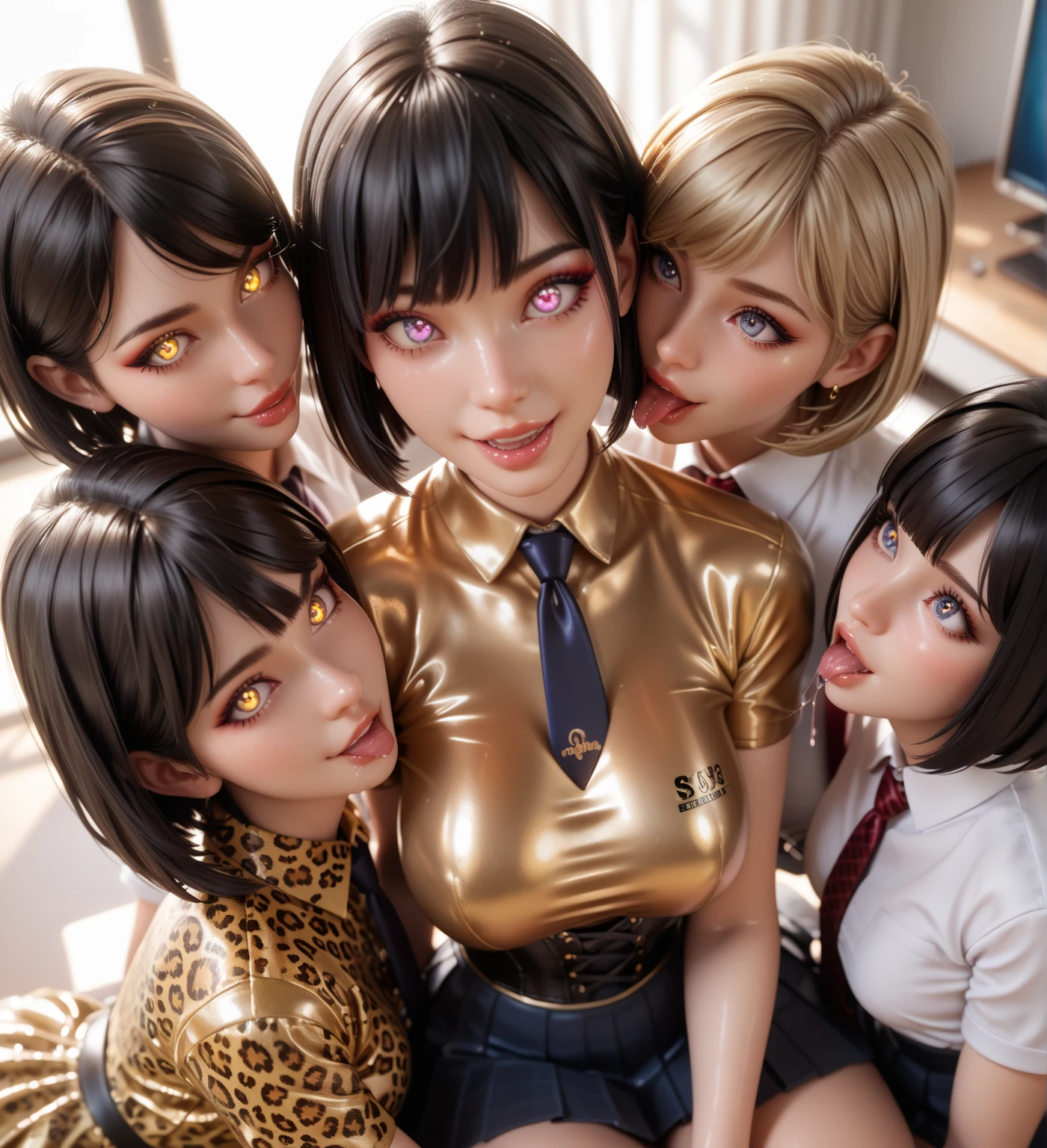 4 girls,  in extremely tight shiny golden latex polo shirt, bob cut,  black hair , Lens reflection,  reflecting light ,  high resolution ,  masterpiece,  are in the apartment and sitting at the TV, startled, glowing eyes, smile, saliva, salivafluss, salivaspur, very strong makeup,  very strong shiny skin , corset, Necktie,  
pleated skirt, Leopard print, from above, kiss