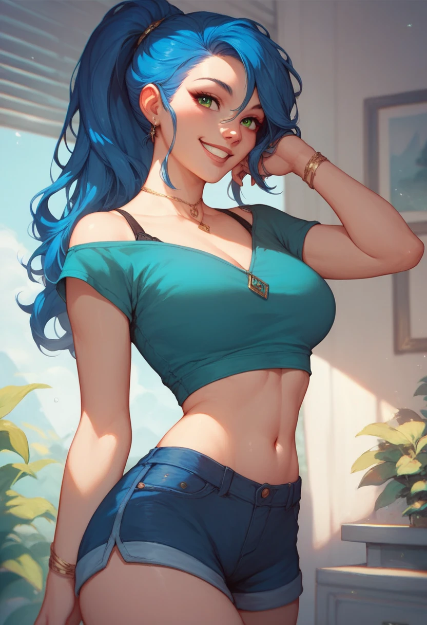 (8K, foto cruda, mejor calidad, obra maestra:1.2), (detalles intrincados), ojos perfectos, cara perfecta, perfect lighting, Hermoso, (obra maestra:1.2), (mejor calidad:1.2), 1 chica, solo, marinette, pelo azul, pelo largo suelto, adult torso, 17 years old, leve sonrisa, medium sized breasts, camisa blanca sin mangas, pink tracksuit pants