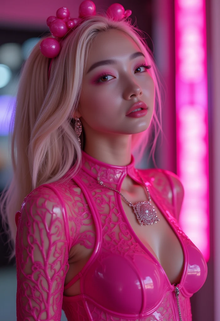 Best quality, masterpiece, highly detailed, realistic, extremely anorexic skinny sexy cumface teen girl, professional raw quality photo shooting of a slender ***ite young Korean **** girl in a pink latex gown, stockings and ultra high fetish heels, platinum blonde hair, posing dramatically, highly detailed face, perfect face, colorful lightspeedBBf1 