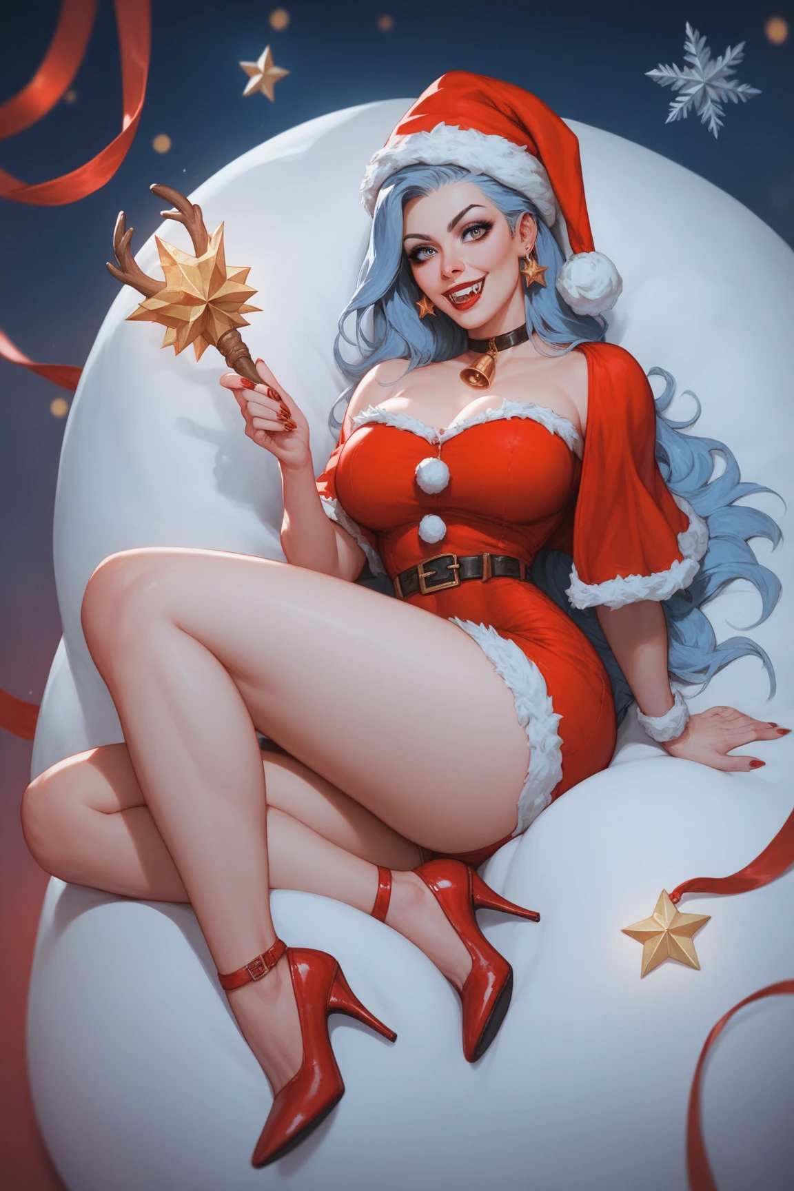 Vivi, sky blue hair, a Young woman wearing Christmas outfit, 1female, seductive, detailed face, detailed , background Christmas, full body shot