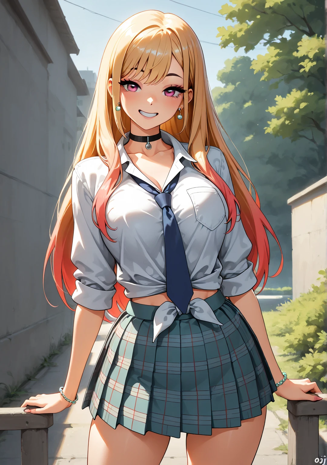 masterpiece, best quality, highres, kitagawa marin, 1girl, blonde hair, long hair, multicolored hair, red eyes, jewelry, earrings, piercing, Top,jeanes, black choker, plaid skirt, grin, smile, standing, cowboy shot, outdoors,