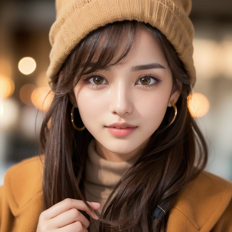(Photorealistic), (ultra high realistic), (Ultra high definition), (ultra high detailed), (Increase contrast), (Increase saturation), (15yo girl), (light skinned)A pretty woman with perfect figure, Cute face, beautiful expression, (Lifelike face), Beautiful hairstyle, Realistic eyes, beautiful detail, (real looking skin), Beautiful skins, enticing, The ultra -The high-definition, A hyper-realistic, Realistic, Very detailed, Japanese, Semi-long curly hair, Bangs, (Brown hair), (slim figure), (Cute idol of Japan walking in light brown wool coat and knee-high boots, Tartan check)((a miniskirt:1.2,)) Burberry, Burberry Check Scarf:1.3, knit hat, Fall Winter 2023-2024), (), Gentle smile, Brown hair, ( earrings ), (Supermodel Figures), From below:1.3, In a row of ginkgo trees, Long, Magnificent ginkgo trees lined with autumn leaves on both sides of the road, Autumn, golden leaves, A road with many fallen leaves that look golden:1.3, Filled with fallen leaves:1.3
