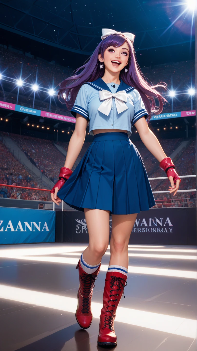 "A full body representation of Athena Asamiya walking confidently in her sexy red and blue school uniform with red boots and psychic energy emanating faintly around her. Long purple hair with bangs and white bow with a star. The background is a modern stadium with Flashing lights, excited fans and a stage atmosphere rather than his dual role as wrestler and idol."
