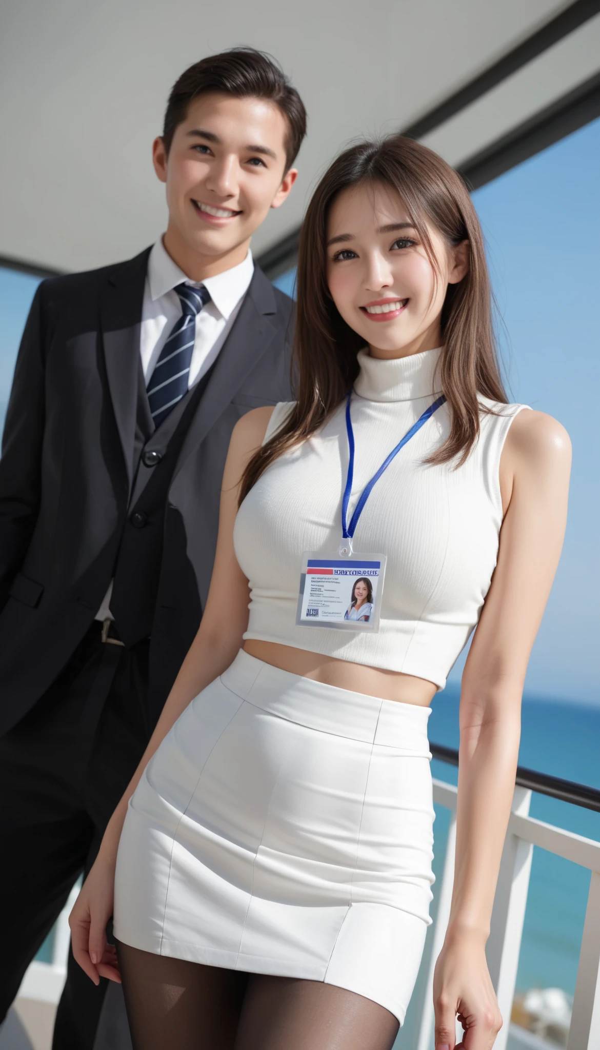 ((A man and a woman flirting on a balcony overlooking the sea)),((Two men and women entering a room)), nsfw,((embarrassed, naughty expression)) , ultra detailed, detailed face, detailed eyes, beautiful doe eyes, masterpiece, best quality, photo realistic, absurdres, 8K, raw photo, 1girl, solo, beautiful young woman, 20yo, realistic skin texture, shiny skin, office, wearing black pantyhose, slim slit skirt, turtleneck, ((id card, no photo)), lanyard, sleeveless, perfect body, natural big breasts, up hair, upturned breasts, grin, walking in the office,((In an office with a sea view)),nsfw,((Two people looking at each other at close range)),((from below side))