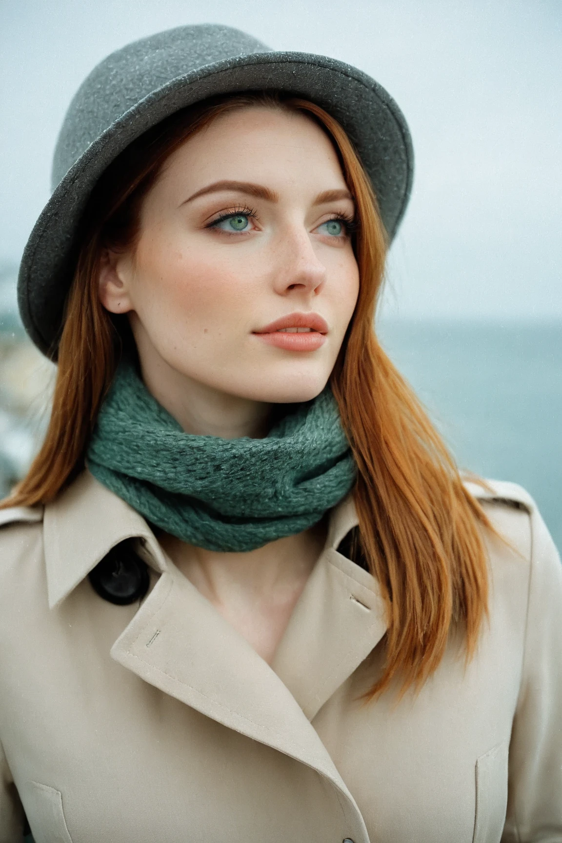 a realistic front-view portrait photography of a beautiful woman with green eyes standing in a town with ocean view, close-up shot, look up to the sky, detailed beautiful meek face, photo take by film camera, fashion lookbook, she has ginger hair, she wearing an trench coat and gray wool hat and scarf, dawn light, winter season, light snow falling, (bokeh), vintage green theme, diffused light, soft focus, depth of field, intricate detail, skin texture