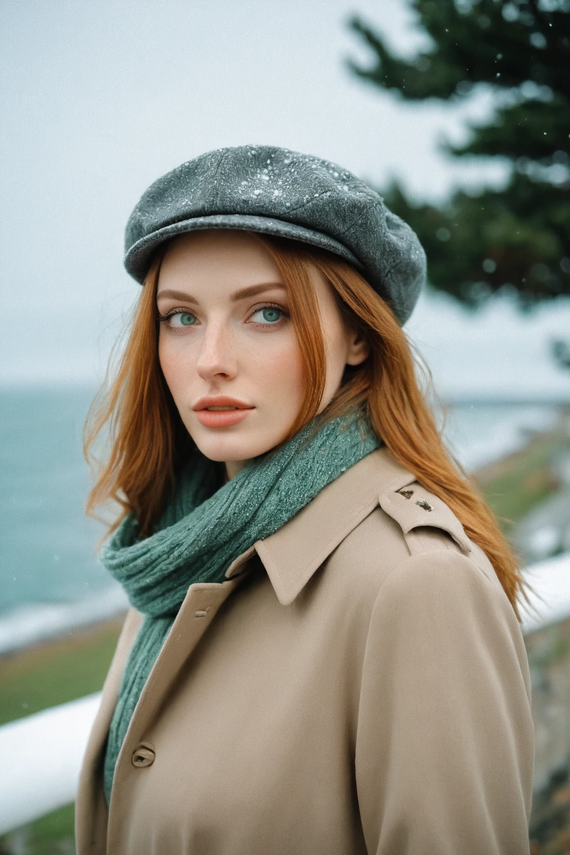 a realistic front-view portrait photography of a beautiful woman with green eyes standing in a town with ocean view, close-up shot, look up to the sky, detailed beautiful meek face, photo take by film camera, fashion lookbook, she has ginger hair, she wearing an trench coat and gray wool hat and scarf, dawn light, winter season, light snow falling, (bokeh), vintage green theme, diffused light, soft focus, depth of field, intricate detail, skin texture