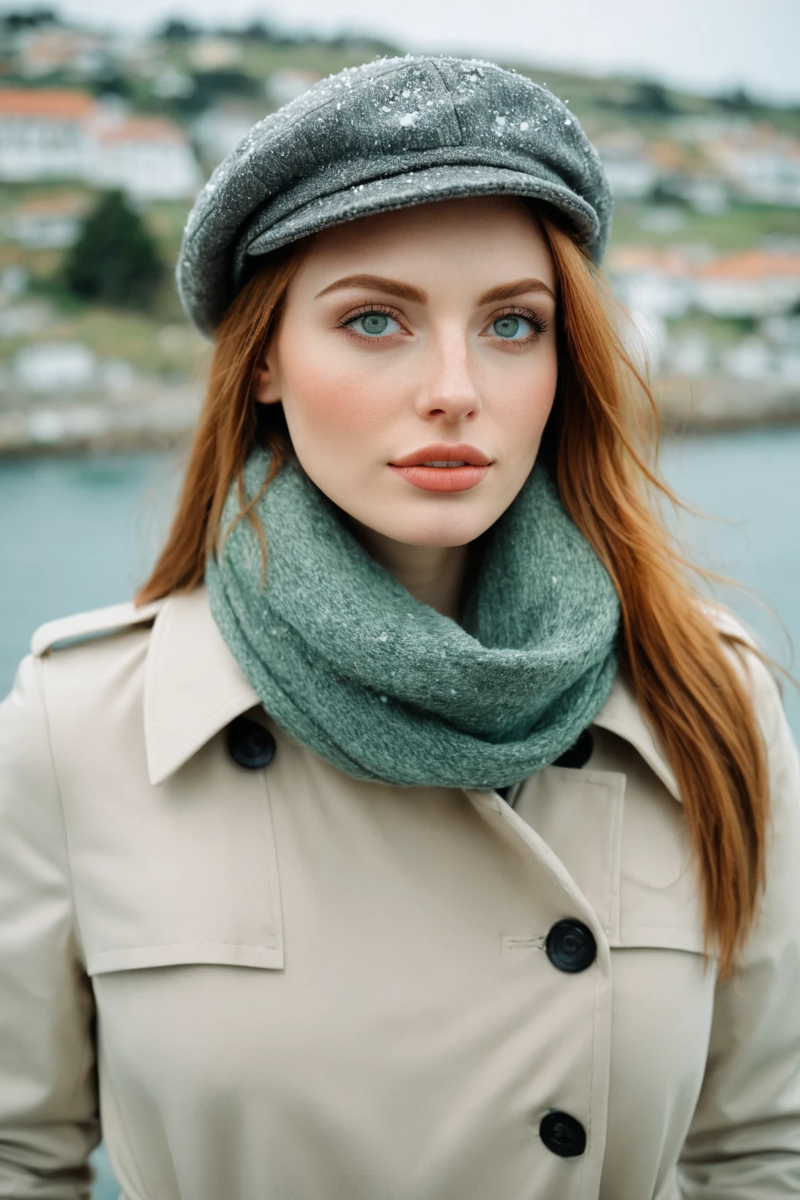 a realistic front-view portrait photography of a beautiful woman with green eyes standing in a town with ocean view, close-up shot, look up to the sky, detailed beautiful meek face, photo take by film camera, fashion lookbook, she has ginger hair, she wearing an trench coat and gray wool hat and scarf, dawn light, winter season, light snow falling, (bokeh), vintage green theme, diffused light, soft focus, depth of field, intricate detail, skin texture