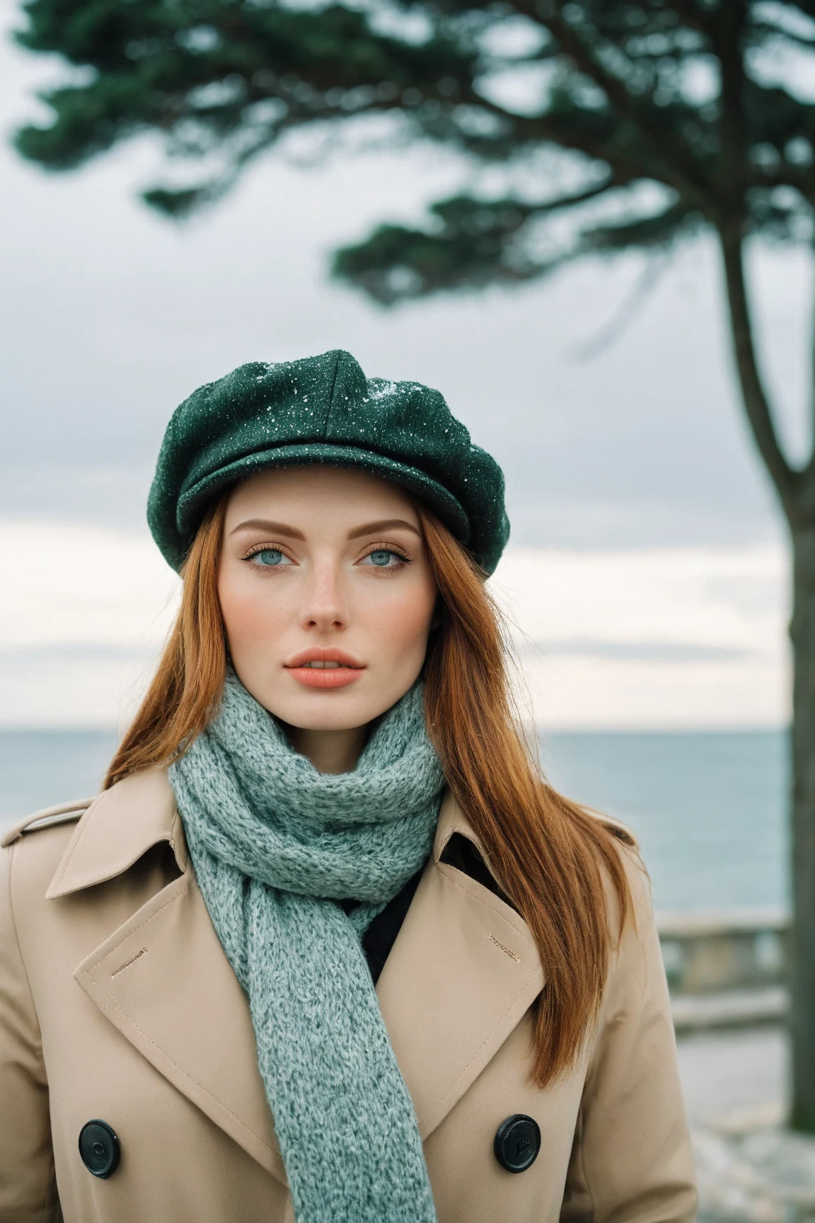 a realistic front-view portrait photography of a beautiful woman with green eyes standing in a town with ocean view, close-up shot, look up to the sky, detailed beautiful meek face, photo take by film camera, fashion lookbook, she has ginger hair, she wearing an trench coat and gray wool hat and scarf, dawn light, winter season, light snow falling, (bokeh), vintage green theme, diffused light, soft focus, depth of field, intricate detail, skin texture