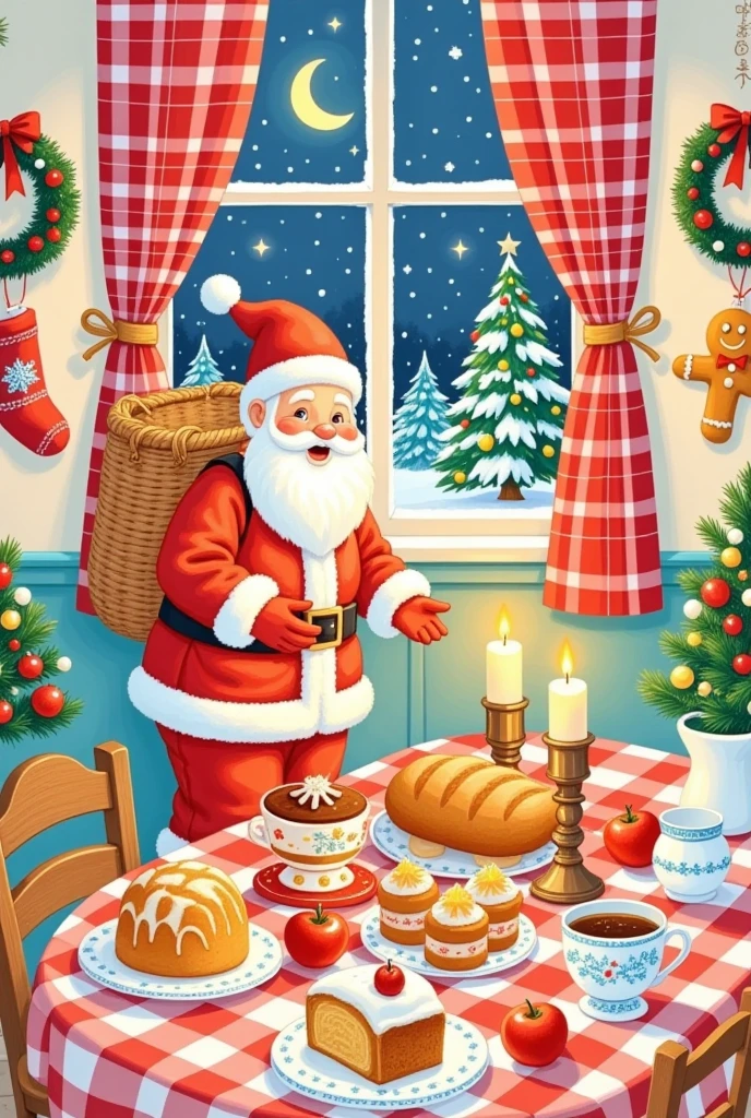 Pastel Art，Christmas illustration ，Plaid curtains ，The kitchen tablecloth is lined with bread、cake、Candle、glass、Christmas tree、Gingerbread Man、 apples、tableware、 with socks and Christmas wreaths hanging on the wall。 Santa Claus 。Artist's signature in the bottom right corner"Jennie"