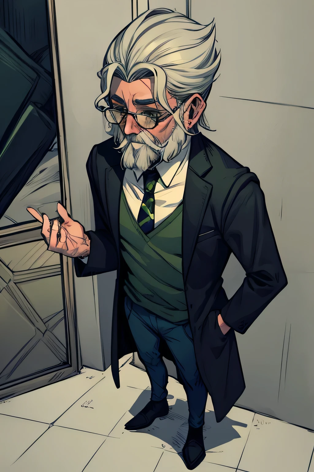 old, thin man with long gray hair, with a white beard, wearing a nerdy green alien shirt, brown overcoat, full body.