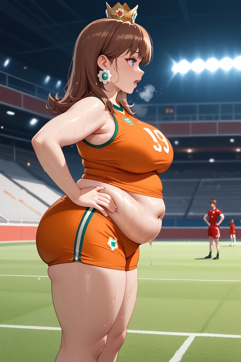 Daisy,brown hair,blue eyes,long hair,flower earrings,small crown, number 8 soccer uniform, orange tanktop, orange shorts, midriff, number 8, standing, sweaty, exhausted, hand on hips, soccer field, science fiction, outdoors, (insanely detailed, masterpiece, best quality), sweating profusely, exhausted, breathing, open mouth, steam coming out of her mouth, tight red gym shorts, tight red gym tank top, hands on hips, dripping sweat, dripplits of sweat on the floor, puddle of sweat, thick, obese, soft belly, chubby, wide hips, sexy hips, half body, big belly, thicc thighs, side view,  out of breath, short hair, neck length hair