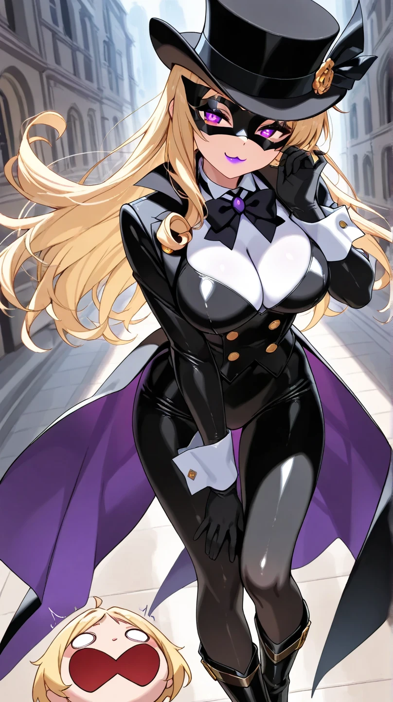  a woman with a black body ,1 person:2.0,(masterpiece:1.3, top quality :1.3, very detailed depiction:1.3, incredible high definition :1.3,High quality anime drawings),(Bewitching Female Phantom Thief :1.3),(Sexy Female Phantom Thief Outfit, tuxedo,Gentleman&#39;s hat, covers her eyes with a black venetian mask:1.3,latex, luxury accessories , black tights, boots),( black skin:5.0,black skin 5.0,Blonde,Glowing purple eyes, half-closed eyes:1.3,Swirling Eyes ,Does not depict a mouth :3.0, slender figure, bewitching smile,Glossy lipstick, flashy makeup,Seductive gestures,Beautiful legs, healthy legs,Curvaceous Body,High quality skin),Fall, dynamic images , forward leaning position, Viewpoint from Above 