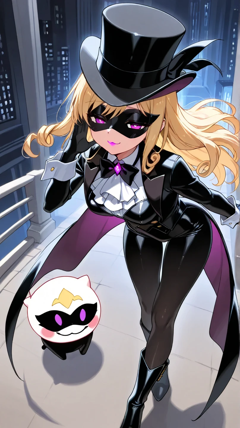  a woman with a black body ,1 person:2.0,(masterpiece:1.3, top quality :1.3, very detailed depiction:1.3, incredible high definition :1.3,High quality anime drawings),(Bewitching Female Phantom Thief :1.3),(Sexy Female Phantom Thief Outfit, tuxedo,Gentleman&#39;s hat, covers her eyes with a black venetian mask:1.3,latex, luxury accessories , black tights, boots),( black skin:5.0,black skin 5.0,Blonde,Glowing purple eyes, half-closed eyes:1.3,Swirling Eyes ,Does not depict a mouth :3.0, slender figure, bewitching smile,Glossy lipstick, flashy makeup,Seductive gestures,Beautiful legs, healthy legs,Curvaceous Body,High quality skin),Fall, dynamic images , forward leaning position, Viewpoint from Above 