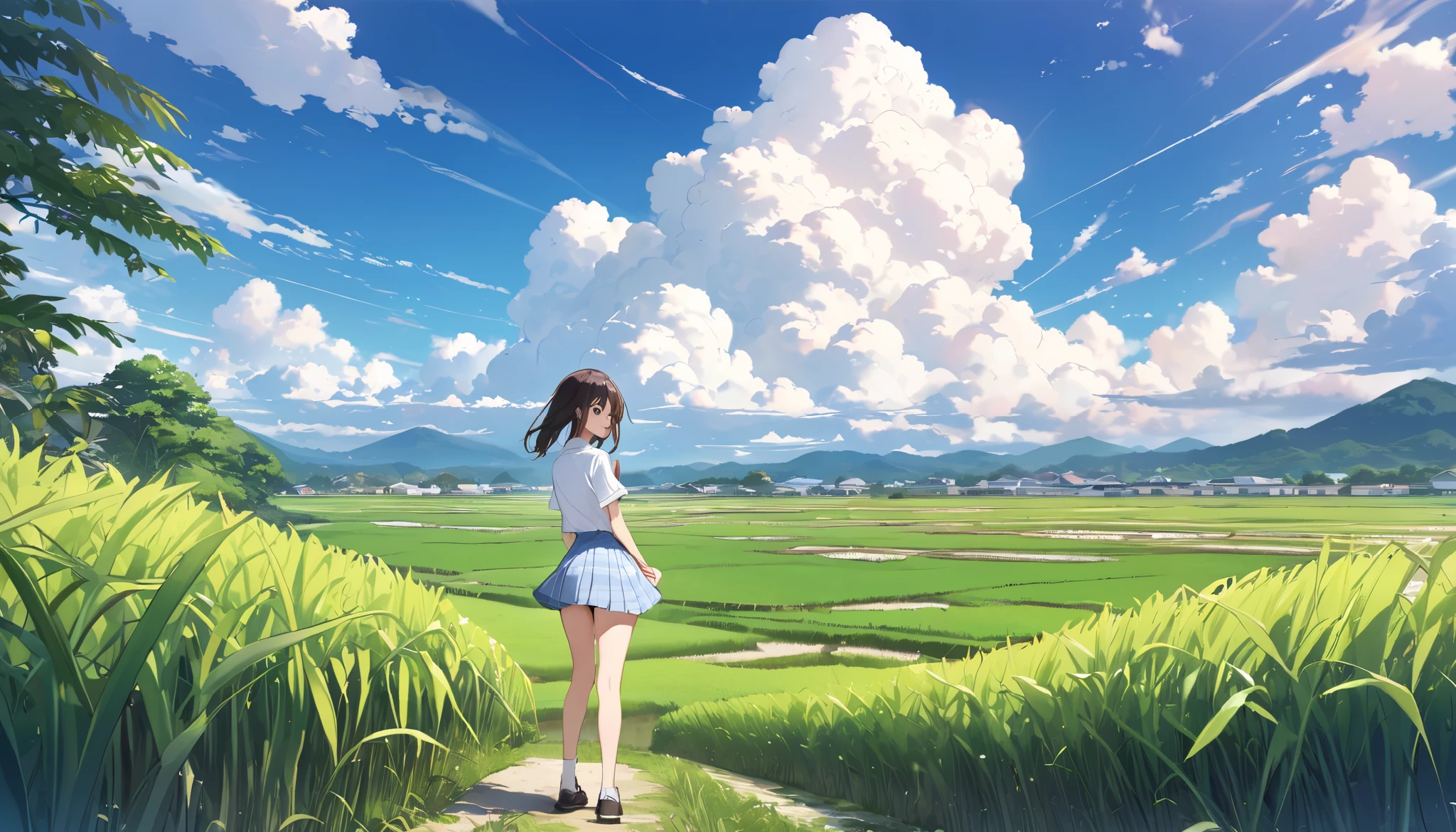   high school girl、 Short-sleeved plain shirt   、   with rice paddies stretching all the way to the horizon 、  I have a light blue miniskirt   、Clear sky and cumulonimbus clouds    