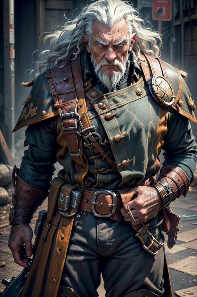 ((UHD, masterpiece, anatomically correct, textured skin, super detail, high details, best quality, highres icon, Detailed and precise manual expression:1.3,  Incredibly Absurd )), 1old man,  an elderly man, Strong build, black trench coat, Iron plate boots, Gray hair standing on end, Fierce face,  Thick Willed Eyebrows , I have a giant warhammer\War Hammer:1.5,  Dynamic Touch , 1980s art style 