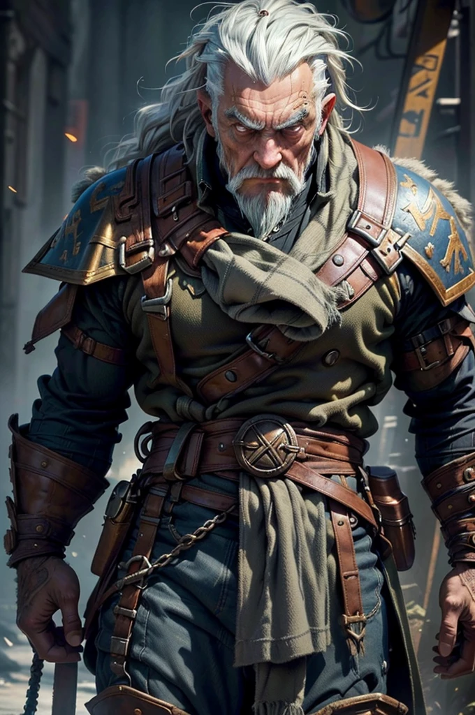 ((UHD, masterpiece, anatomically correct, textured skin, super detail, high details, best quality, highres icon, Detailed and precise manual expression:1.3,  Incredibly Absurd )), 1old man,  an elderly man, Strong build, black trench coat, Iron plate boots, Gray hair standing on end, Fierce face,  Thick Willed Eyebrows , I have a giant warhammer\War Hammer:1.5,  Dynamic Touch , 1980s art style 