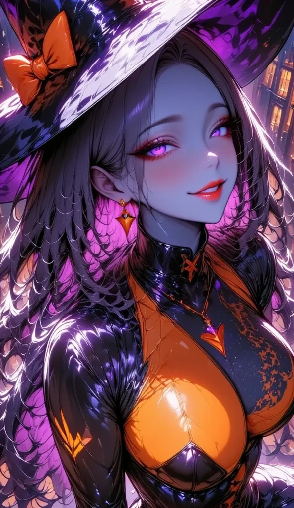  1 Mature, Bewitching Dark Elf Woman,(masterpiece:1.3, top quality :1.3, very detailed depiction:1.3, Incredible High Definition :1.3,High quality anime drawings),( Halloween witch overlooking the town:1.3),(sexy witch costume, witch hat, Red Latex , corset, luxury accessories , earrings for women with first name, necklace,Bracelet, fishnet tights, black high heels),(Glowing purple eyes, half-closed eyes,Captivating Gaze , big breasts, bewitching smile,Glossy lipstick, flashy makeup, eyeshadow,Seductive gestures,Beautiful legs, brown skin next to a woman:1.3), cowboy shot, Viewpoint from Above :1.3, forward leaning position