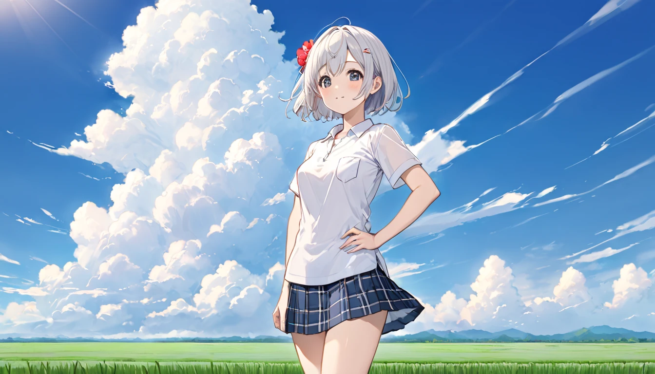   high school girl、 Short-sleeved plain shirt   、   with rice paddies stretching all the way to the horizon 、  I have a light blue miniskirt   、Clear sky and cumulonimbus clouds    