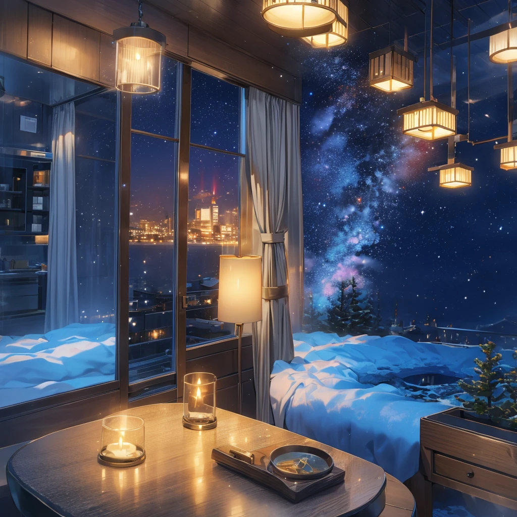 (Night Sky) (8k)  Inside the house. winter. 