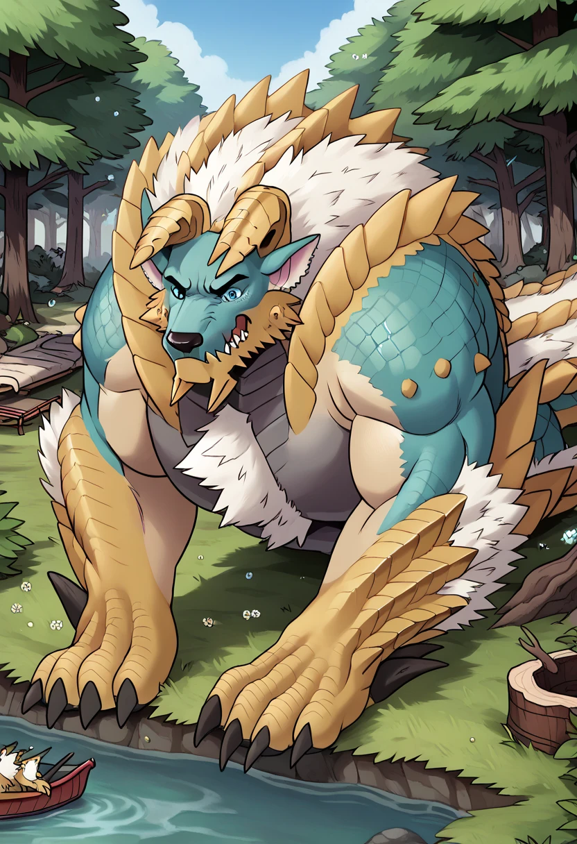 Scribble 1man, detailed, solo, alone, Zinogre, feral, Playful and wild, sadness, frindly growl, feral Zinogre face,humanity(Zinogre),muscular, strong muscle( black eyebrows :1.1),(perfect eyes), fur，scale,（artist:takemoto arashi)，paw,（ Black beard :1.3）, background((Monster Hunter Fishing village, village, forest, trees, bushes, logs, stump, lake or sea, river, boats, the crack in the road)), a human man Transformation in to a macro size Giant hyper muscular feral Zinogre, gives a dangerous look, lying on floor, rating_safe, solo, close up, growth, very cramped, angry growl, cool powerful and strong