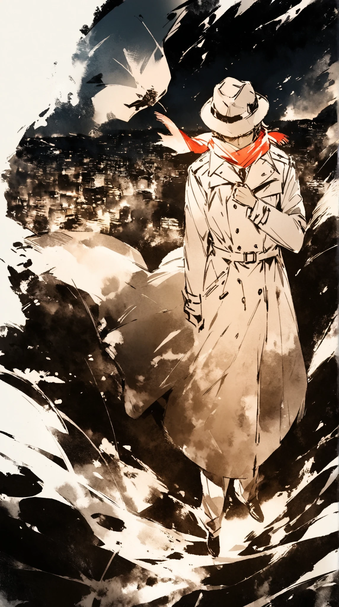 score_9, score_8_up, score_7_up, score_6_up, masterpiece, best quality, watercolor, double exposure, brown monochrome, man, solo, full body, trench coat, long red scarf flying in the air, fedora, looking down, cold breath, night, dim, simple background \(face of a man\),