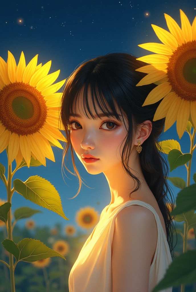 girl with sunflowers by olipop, beautiful sunflower girl, by Yang J, artwork in the style of guweiz, beautiful portrait, digital illustration, realistic cute girl