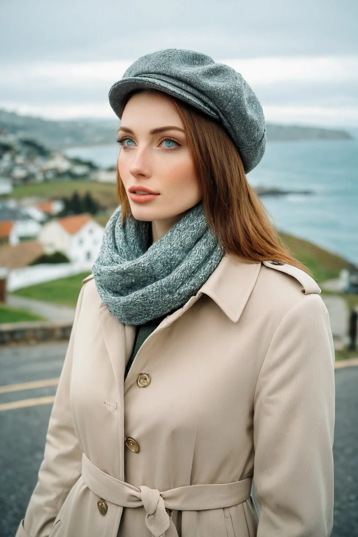 a realistic front-view portrait photography of a beautiful woman with green eyes standing in a town with ocean view, close-up shot, look up to the sky, detailed beautiful meek face, photo take by film camera, fashion lookbook, she has ginger hair, she wearing an trench coat and gray wool hat and scarf, dawn light, winter season, light snow falling, (bokeh), vintage green theme, diffused light, soft focus, depth of field, intricate detail, skin texture