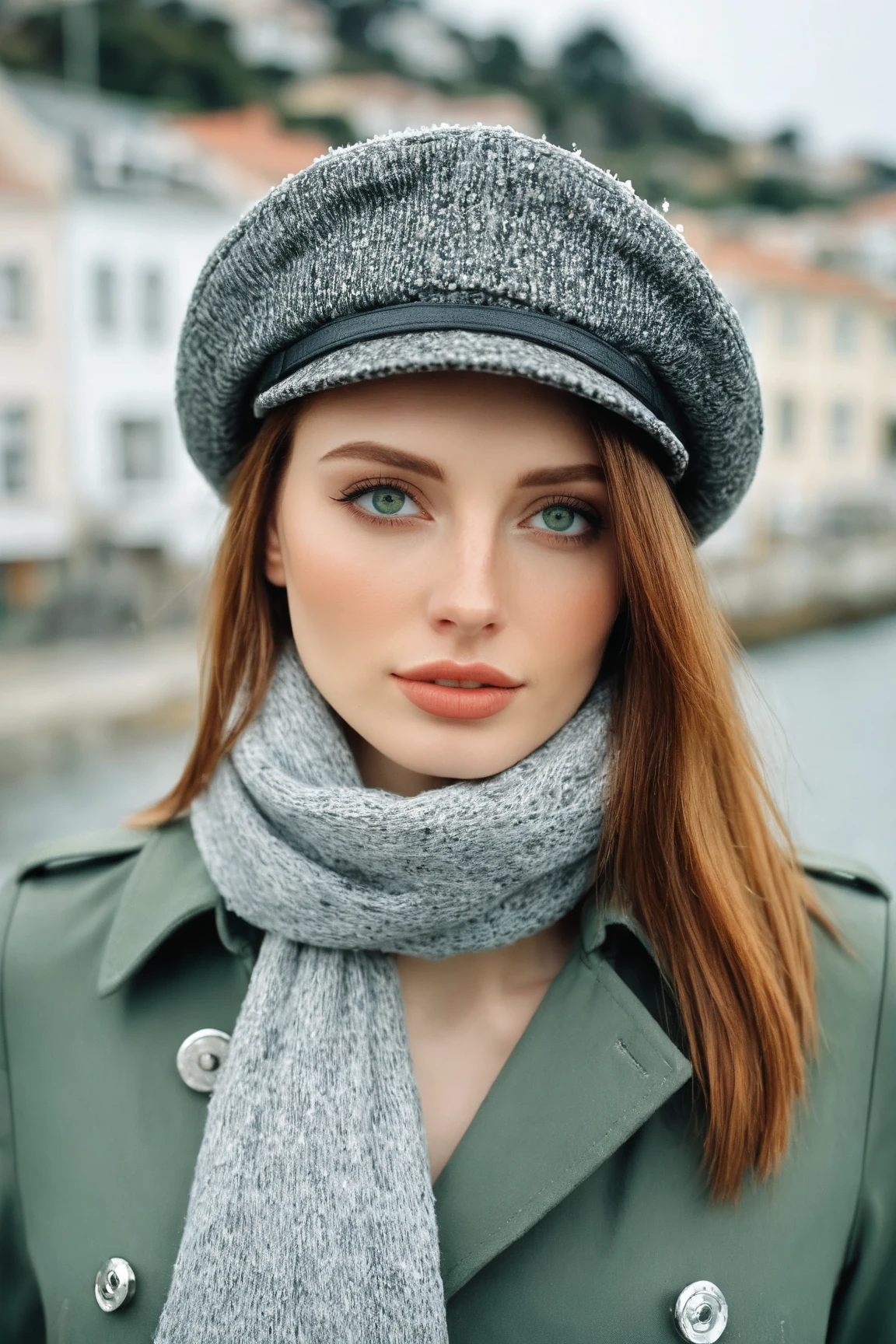 a realistic front-view portrait photography of a beautiful woman with green eyes standing in a town with ocean view, close-up shot, look up to the sky, detailed beautiful meek face, photo take by film camera, fashion lookbook, she has ginger hair, she wearing an trench coat and gray wool hat and scarf, dawn light, winter season, light snow falling, (bokeh), vintage green theme, diffused light, soft focus, depth of field, intricate detail, skin texture