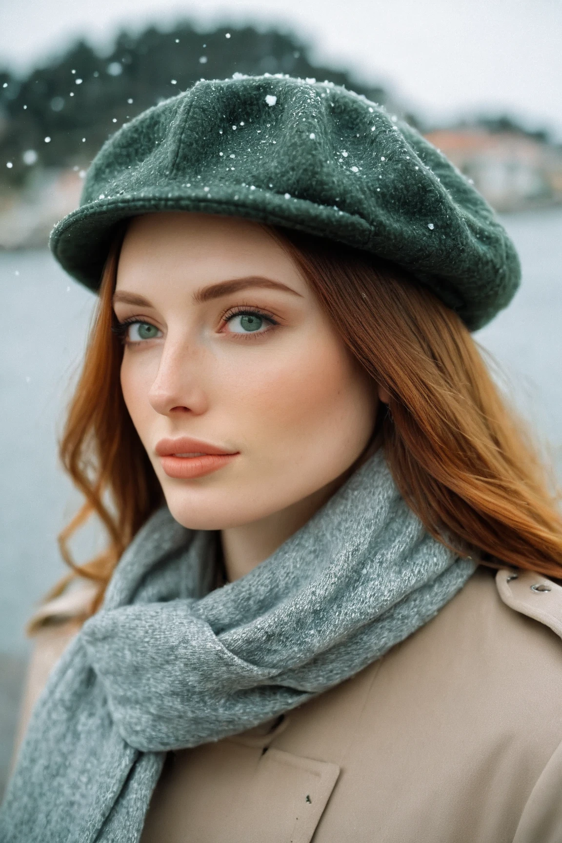 a realistic front-view portrait photography of a beautiful woman with green eyes standing in a town with ocean view, close-up shot, look up to the sky, detailed beautiful meek face, photo take by film camera, fashion lookbook, she has ginger hair, she wearing an trench coat and gray wool hat and scarf, dawn light, winter season, light snow falling, (bokeh), vintage green theme, diffused light, soft focus, depth of field, intricate detail, skin texture