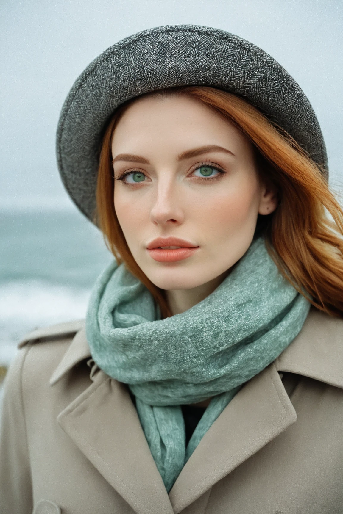 a realistic front-view portrait photography of a beautiful woman with green eyes standing in a town with ocean view, close-up shot, look up to the sky, detailed beautiful meek face, photo take by film camera, fashion lookbook, she has ginger hair, she wearing an trench coat and gray wool hat and scarf, dawn light, winter season, light snow falling, (bokeh), vintage green theme, diffused light, soft focus, depth of field, intricate detail, skin texture