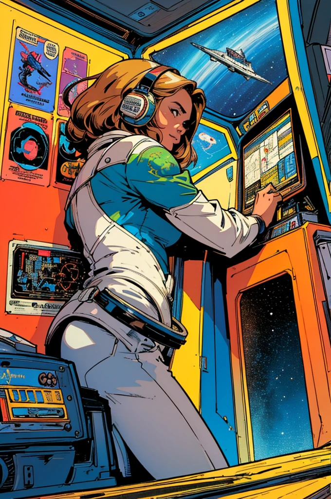 (((Top Quality Masterpiece ))),(((solo:1.2))),((( 1 woman :1.2))), 32K Highly Detailed Wallpaper , Retro Vintage Style ,(dynamic Angles),(((Overwhelming highlights))),((most complex machine)), American comics with a very flashy color scheme,80s space thriller movie poster ,70s movie poster,Detailed space station